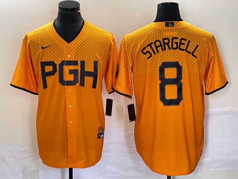 Mens Pittsburgh Pirates #8 Willie Stargell Gold 2023 City Connect Stitched Jersey 1